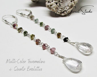 Multicolor Tourmaline Earrings, Rainbow Stones, Quartz Crystals, Sterling Silver, Multi Tourmaline Long Dangle Earrings, Art Deco Jewelry