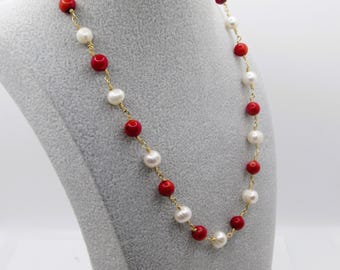 Collar de coral rojo y perlas de agua dulce envuelto en alambre - Plata de ley o chapado en oro - Joyería náutica