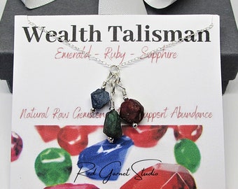 Wealth Talisman Amulet Necklace- Raw Emerald, Ruby or Sapphire Prosperity Crystal Pendant- Genuine Precious Gemstone Jewelry- Abundance Gift