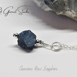 Raw Blue Sapphire Crystal Necklace Natural Stone Pendant Throat & 3rd Eye Chakra Healing Wisdom Love Purity September Birthstone Jewelry image 1