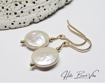 Pendientes colgantes de perla de agua dulce - Plata de ley/relleno de oro - Elegantes joyas nupciales para bodas en la playa