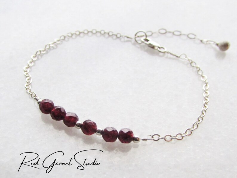 Dainty Garnet Bracelet for Women Tiny Red Gemstone Beads Sterling Silver Gold Filled January Birthstone Jewelry Birthday Gift for Her image 3