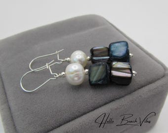Pendientes de perla de agua dulce y concha de abulón azul - Plata de ley/relleno de oro - Joyería de concha de Paua