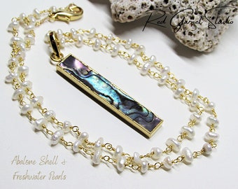 Blue Abalone Shell Necklace- Gold Bezel-Set Pendant & Wire-Wrapped Pearl Chain- Statement Necklace for Women- Resort Wear- Beach Jewelry