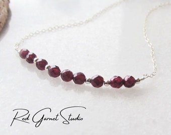 Dainty Garnet Necklace for Women- Tiny Gemstone Bar Pendant- Sterling Silver or 14K Gold Filled- January Birthstone Jewelry- Birthday Gift