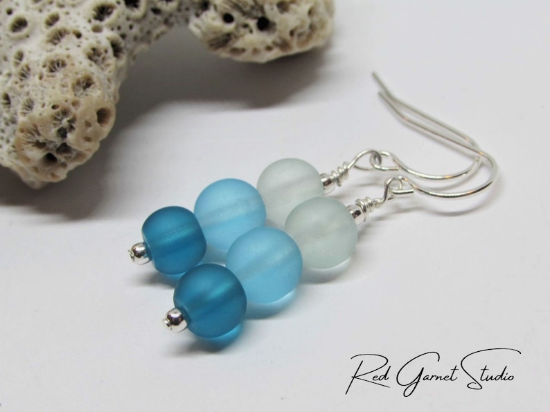 Blue Sea Glass Earrings Dangle Teal Turquoise Aqua Ombre Earrings Seaglass Earrings Sterling Silver Gold Filled Beach Glass Jewelry image 2