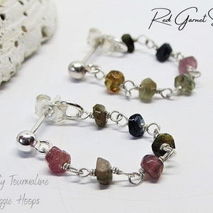 Multi Tourmaline Hoop Earrings Sterling Silver Hoops Beaded Huggie Earrings with Stones Dainty Gemstone Hoops October Birthstone Jewelry image 1