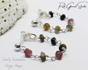 Multi Tourmaline Hoop Earrings- Sterling Silver Hoops- Beaded Huggie Earrings with Stones- Dainty Gemstone Hoops- October Birthstone Jewelry