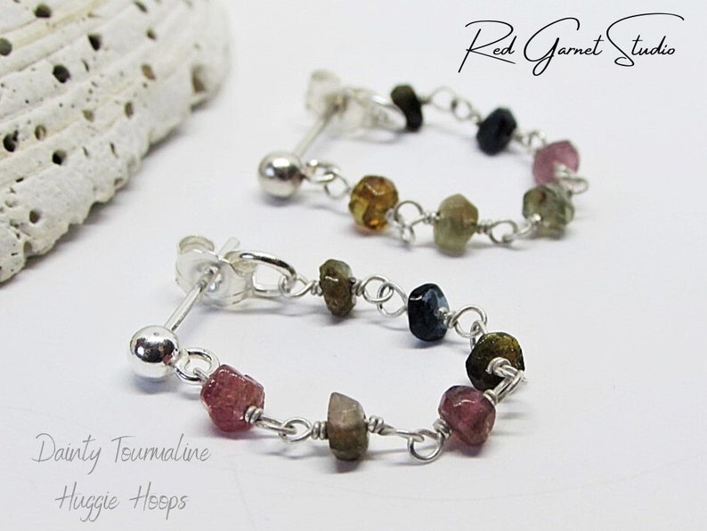 Multi Tourmaline Hoop Earrings Sterling Silver Hoops Beaded Huggie Earrings with Stones Dainty Gemstone Hoops October Birthstone Jewelry image 1