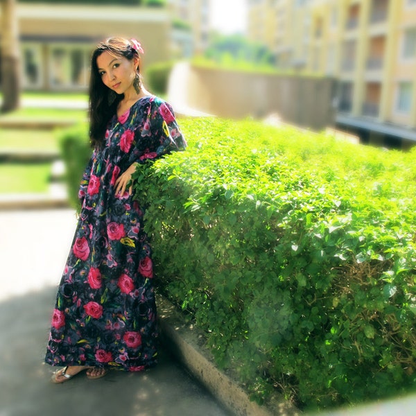 Gray floral print maxi dress, sundress. beach cover up, lounge wear, cruise wear, long caftan, cotton kaftan