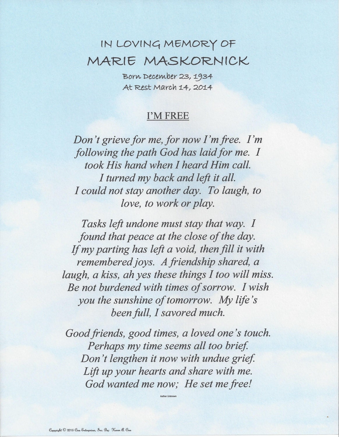 In Loving Memory with I'm Free Poem shown on | Etsy