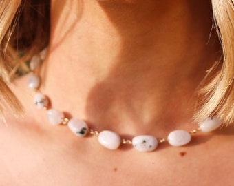 Natuurlijke maansteenketting, sterlingzilver, 14k gouden vulling, statementketting, gouden ketting, zilveren ketting, gouden maansteenketting