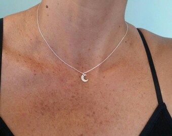 Tiny Sterling Moon Necklace, Crescent Moon, Sterling Silver Necklace, Silver Moon, Hammered, Dainty Necklace, Tiny Necklace