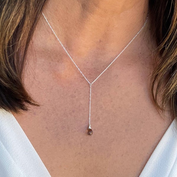 Tiny Y Necklace, Dainty, Smoky Quartz, Tiny necklace, Silver Necklace, Small Silver Necklace, Tiny, Delicate, Sterling Silver, Lariat