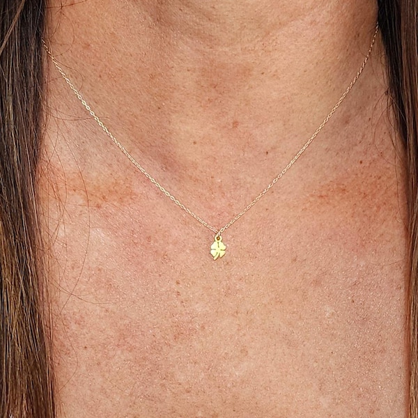 Tiny Gold Shamrock Necklace, Gold Clover, Lucky Charm, Small Gold Necklace, Shamrock Pendant, 4 Leaf Clover, Four Leaf Clover, Necklace