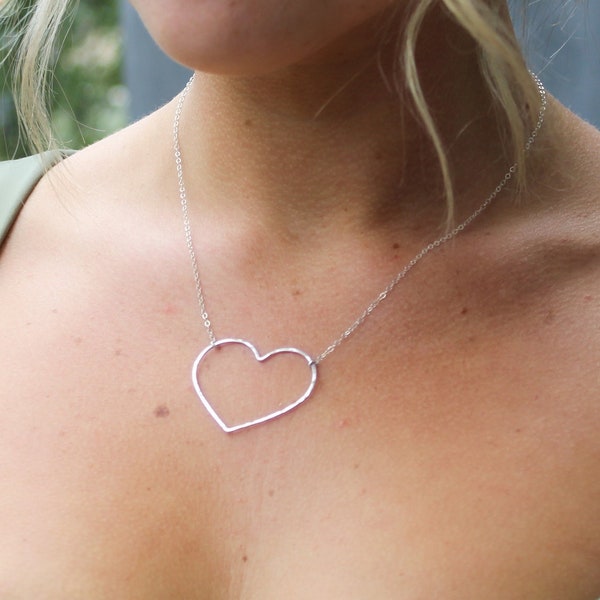 Open Heart Necklace, 14k Gold Fill, Sterling Silver, Open Heart, Heart Necklace, Large Heart, Hammered heart, Silver Heart, Emily In Paris