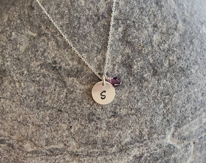 Tiny Sterling Silver Monogram Necklace, Birthstone, Initial Necklace, Birthday Necklace, Sterling Silver, Round Charm