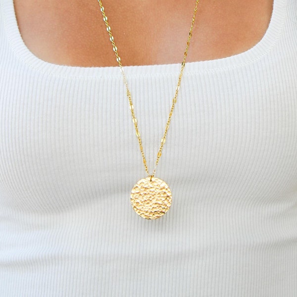 Grote ketting met gehamerde cirkel, goud, zilver, lang, gelaagde ketting, 14k goldfill, sterlingzilver, minimalistische ketting, gelaagde, lang
