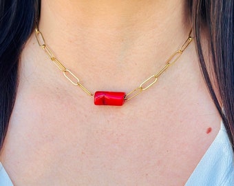 Coral Necklace, Paperclip Chain, 14k Gold Filled, Sterling Silver, Chunky, Natural Coral, Red, Necklace, Red Coral Necklace, Chunky Necklace