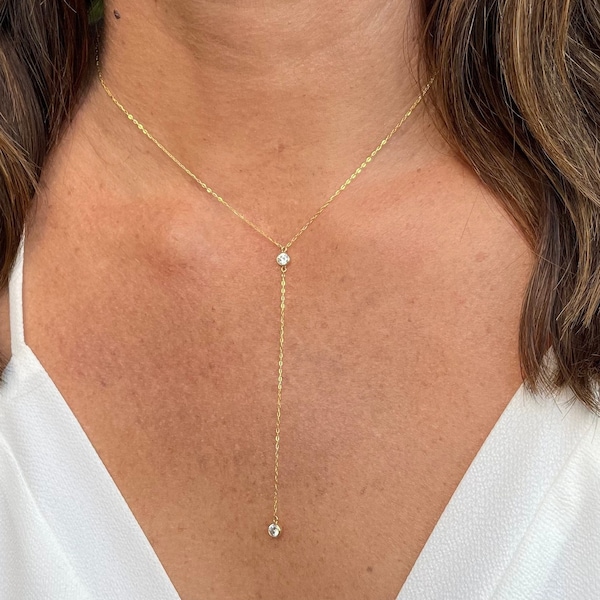 Dainty Y Necklace, CZ, 14k Gold Fill, Sterling, Silver, Necklace, Lariat, Long Necklace, Y Necklace, Gold, Dainty, Crystal, Bezel, Gold Fill