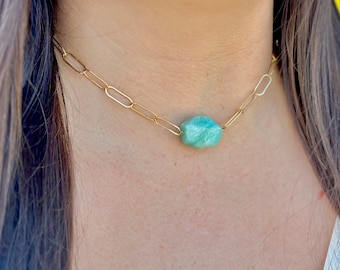 Amazonite Necklace, Paperclip Chain, 14k Gold Filled, Sterling Silver, Amazonite, Chunky, Natural Amazonite, Green, Blue, Necklace