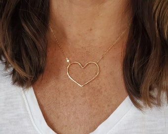 Open Heart Necklace, 14k Gold Fill, Sterling Silver, Open Heart, Heart Necklace, Large Heart, Hammered heart, Silver Heart, Emily In Paris