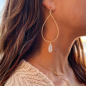 Moonstone Earrings, Gold Fill, Sterling Silver, Hoop Earrings, Hammered Earrings, Silver, Gold Fill, Moonstone, Long Drop Earrings, Hammered