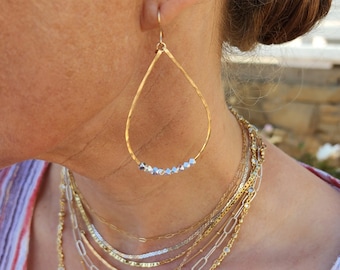 Pendientes de metal mixto, plata de ley, relleno de oro, lágrima, pendientes de cuentas, aros delicados, metal mixto, oro y plata, pendientes, aros
