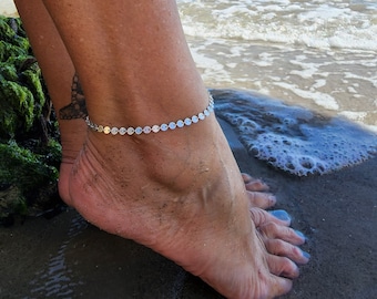Sterling Silver Anklet, Sequin Chain Anklet, Dainty, Waterproof, Non Tarnishing, Beach, Swim, Summer, Sterling Silver, Sequin, Chain