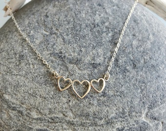 Sterling Silver, Triple Heart Necklace, Heart Necklace, Silver Heart Necklace, Mothers Necklace, Three Hearts, Mothers Day Gift, Dainty