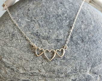 Sterling Silver, Triple Heart Necklace, Heart Necklace, Silver Heart Necklace, Mothers Necklace, Three Hearts, Mothers Day Gift, Dainty