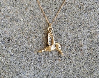 Gold Hummingbird Necklace, Bird Pendant, Gold Bird Necklace, Hummingbird, Nature, Bird, Gold Necklace