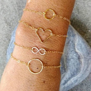 Gold Bracelet, Layering Bracelet, Tiny Bracelet, Hammered,Gold, Heart, Circle, Infinity, Hammered Bracelet, Tiny Gold Bracelet, Dainty image 1