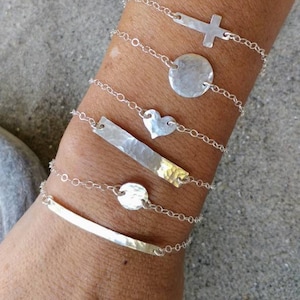 Tiny Silver Bracelet, Sterling Silver, Layering Bracelet, Heart, Cross, Circle, Bar, Bracelet, Hammered, Dainty Silver Bracelet