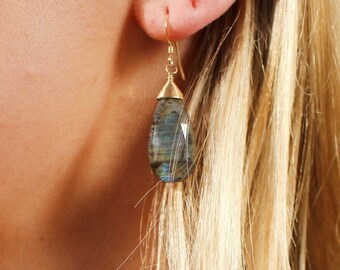 Labradorite Earrings, Gemstone Earrings, Labradorite, 14k Gold Fill, Wire wrapped, Sterling Silver, Earrings, Silver, Gold Earrings