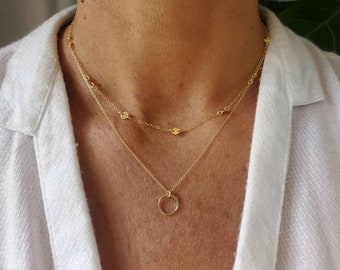 Double Layered necklace set-Square plate necklace-Set of 2 chains-Square Medallion tile-Dainty Everyday geometric Multi strand set