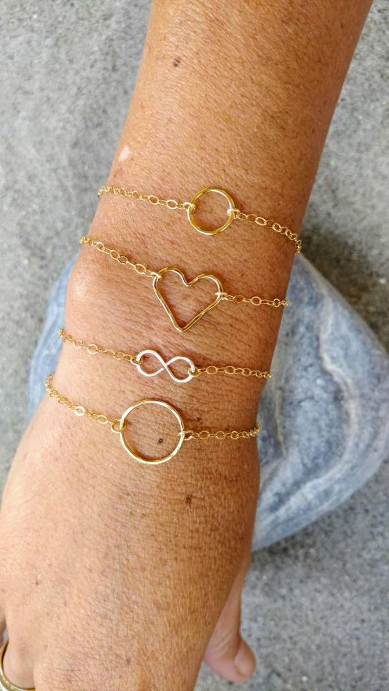 Gold Bracelet, Layering Bracelet, Tiny Bracelet, Hammered,Gold, Heart, Circle, Infinity, Hammered Bracelet, Tiny Gold Bracelet, Dainty image 1