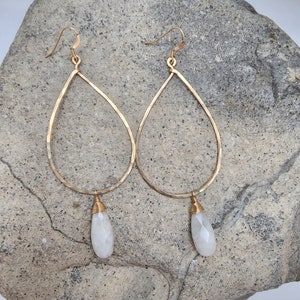 Moonstone Earrings, Gold Fill, Sterling Silver, Hoop Earrings, Hammered Earrings, Silver, Gold Fill, Moonstone, Long Drop Earrings, Hammered image 4