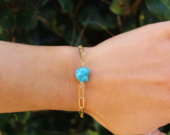 Turquoise Bracelet, Gold Bracelet, Silver Bracelet, 14k Gold Filled, Sterling Silver, Gemstone Bracelet, Paperclip, Chain, Bracelet