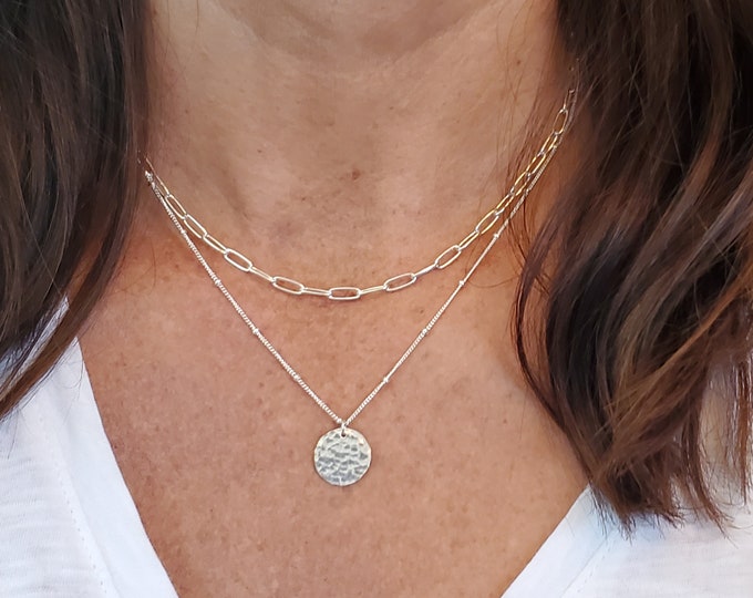 Layered Necklace Set, Gold, Silver, Set of 2, 14k, Gold Filled, Sterling Silver, Satellite, Double, Chain, Necklace, Paperclip, Set, Coin
