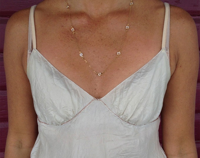 Swarovski Crystal Long necklace, Silver Chain, Bezel Crystal, 24" necklace