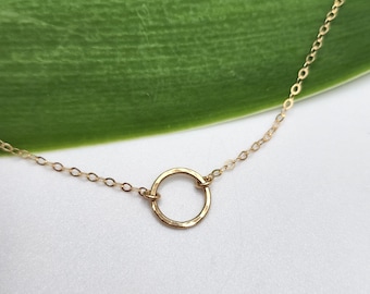 Dainty Gold Circle Necklace, Karma Necklace, Gold Circle Necklace, Hammered Circle, 14k Gold Filled, Minimalist Necklace, Layering Necklace