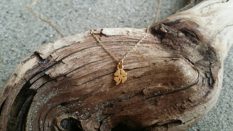 Tiny gold shamrock necklace, gold clover, small gold necklace, shamrock pendant, 4 leaf clover necklace image 2
