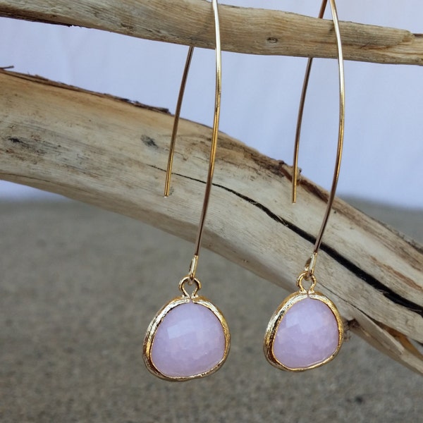 Bezel Set, Drop Earring, Faceted Crackled Glass, Gold Filled Ear Wire, Pink