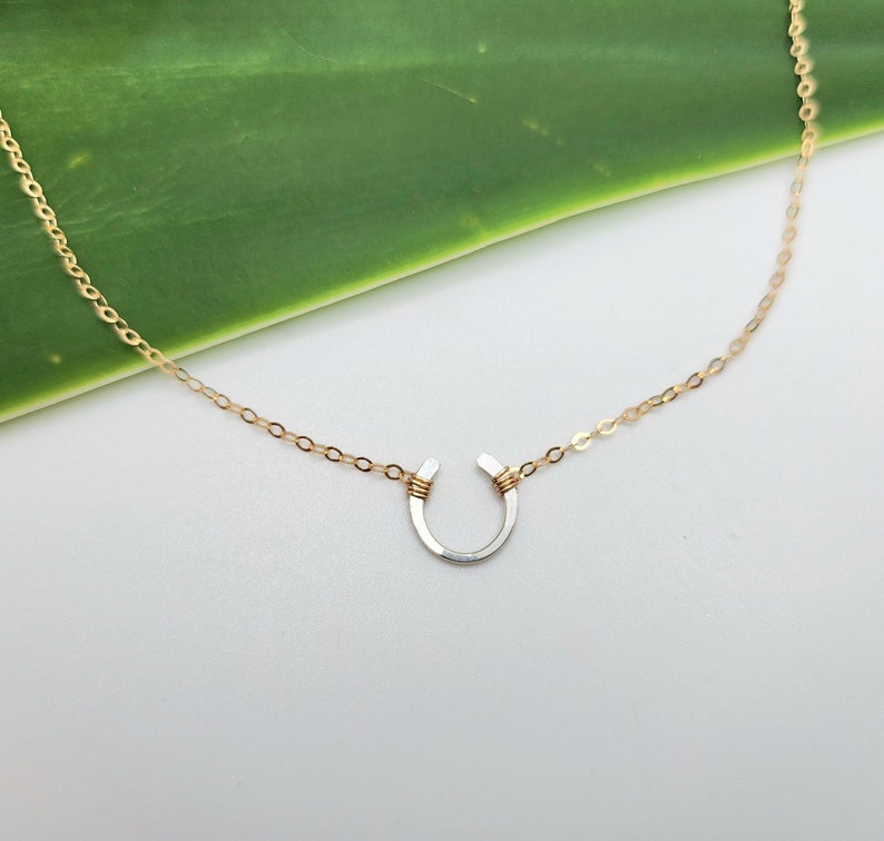 May include: A gold chain necklace with a silver horseshoe pendant. The horseshoe is wrapped with gold wire.