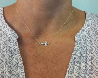 Small Gold Hammered Cross Necklace, 14k Gold Fill, Hammered Cross, Gold Cross Necklace, Sideways Cross Necklace, Gold Filled
