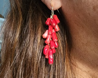 Coral Earrings, Genuine Coral Earrings, 14k Gold Fill, Sterling Silver, Tiered Coral,  Chain Earrings, Chandelier Earrings