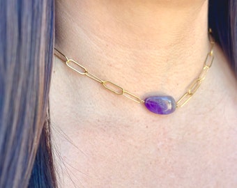 Amethyst Necklace, Paperclip Chain, 14k Gold Filled, Sterling Silver, Amethyst, Chunky, Natural Amethyst, Purple, Gemstone, Necklace,