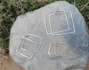 Square Hoop Earrings, Hammered Hoops, Gold, Silver, Small, Medium, Large, Gold Hoop Earrings, Hammered Earrings, Gold Earrings, Square