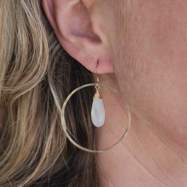 Moonstone Earrings, Gold Fill, Sterling Silver, Hoop Earrings, Hammered Earrings, Silver, Gold Fill, Moonstone, Long Drop Earrings, Hammered